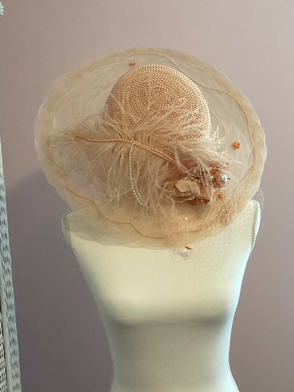 Women's Blush Feathered Occasion Hat with Floral Accents
